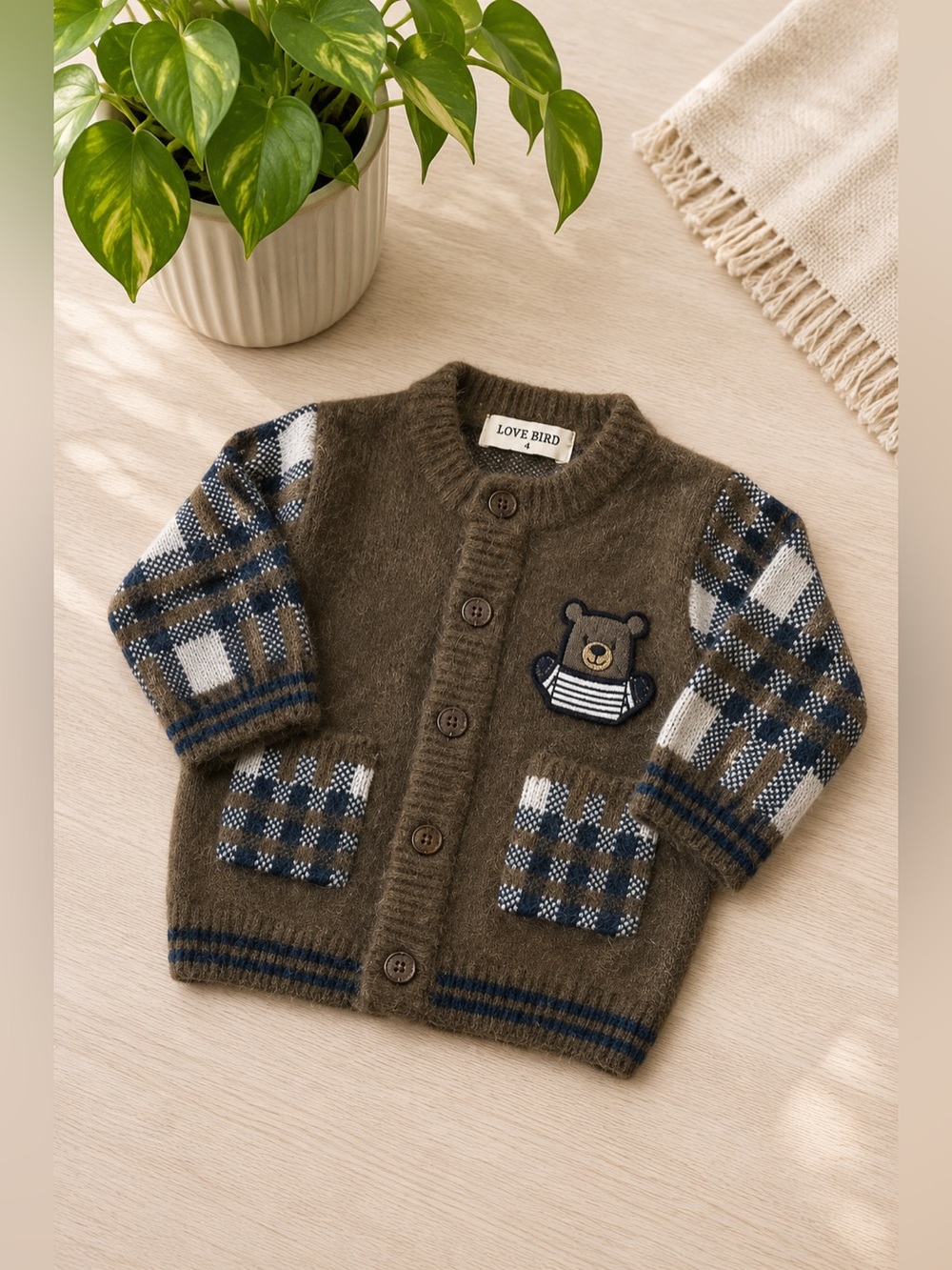 Love Bird Fuzzy Knit Kids Cardigan Brown Plaid Teddy Bear Patch Soft Angora Feel